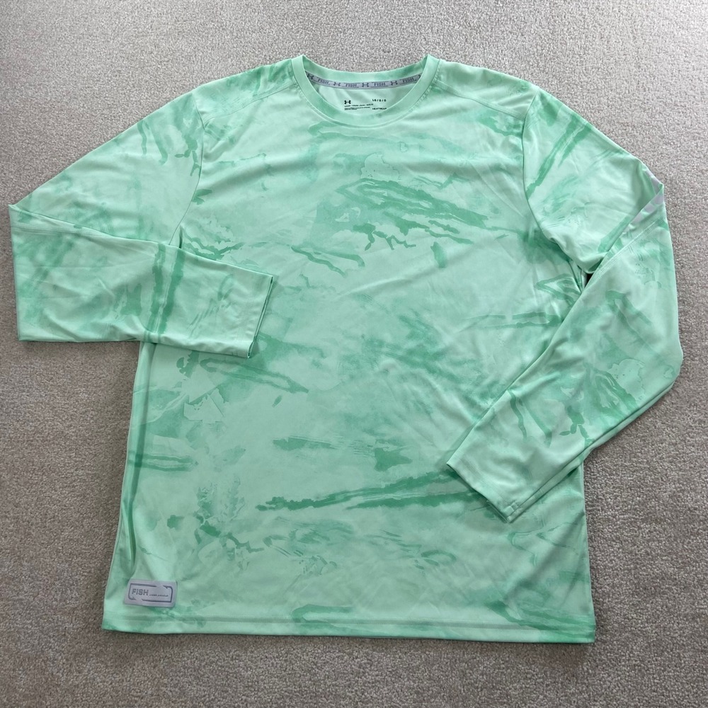 Under Armour Fish Shirt Mens Large Green Camo Long Sleeve HeatGear Performance